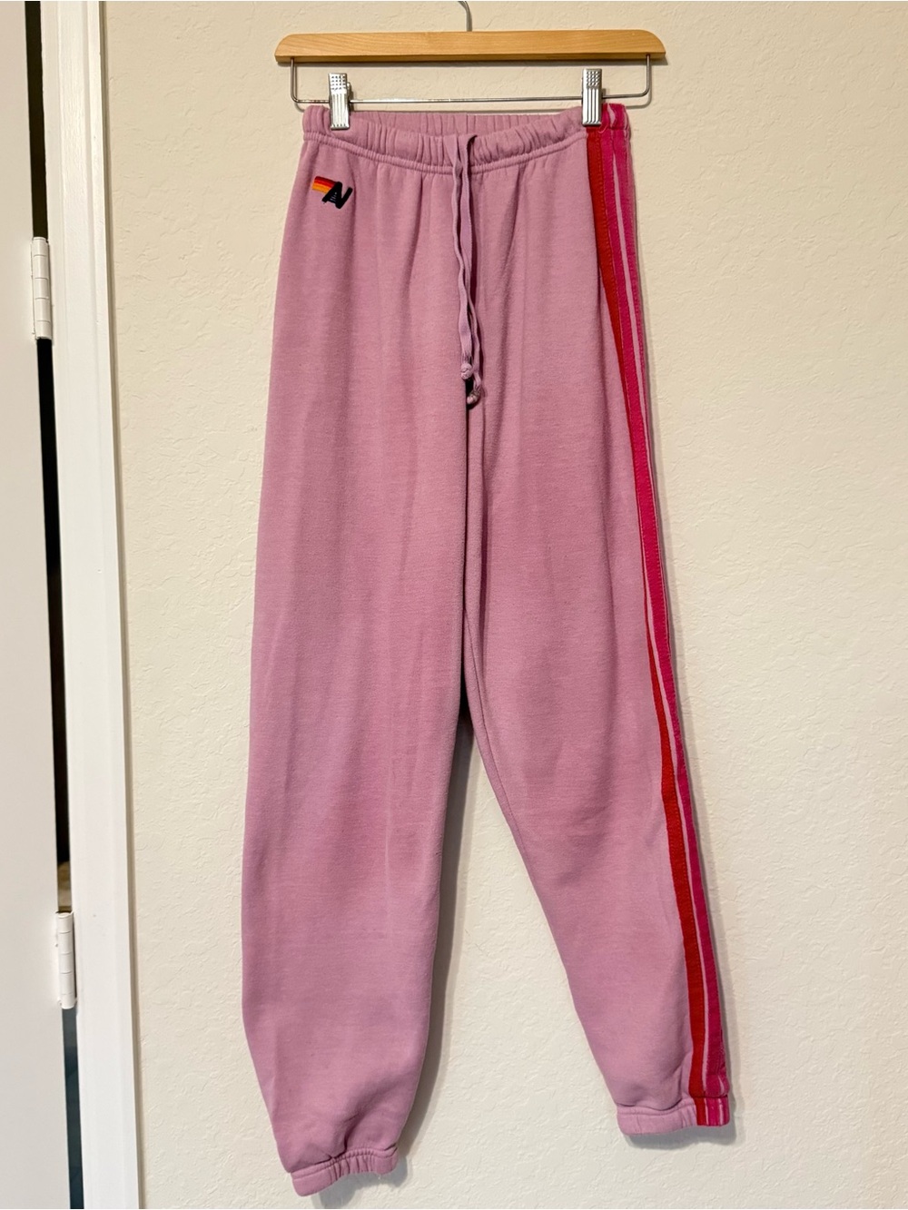 Aviator Nation Pink Track Joggers with Red Side Stripe
